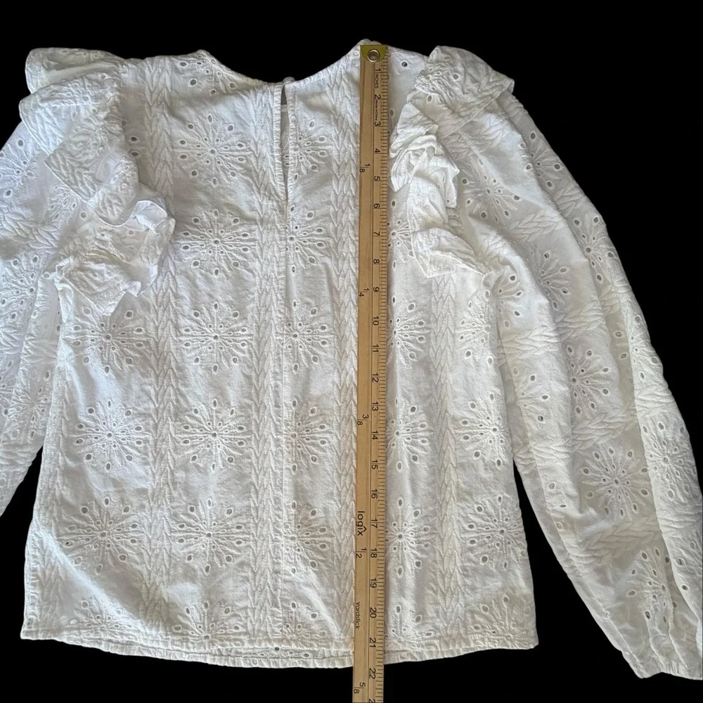 Happy Nature 100% Cotton Eyelet Long Sleeve Top Blouse Sz S Boho Chic Prairie